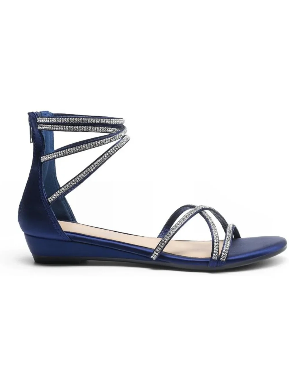 Women's Navy Rhinestones Gladiator Flat Sandals Ankle Strap Comfortable Zip